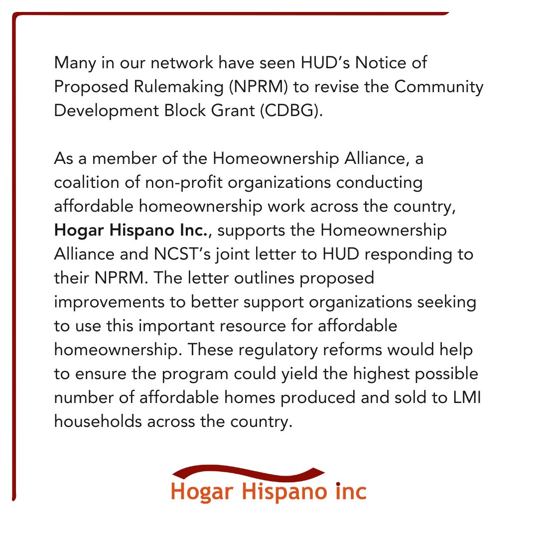 Proud to stand with the Homeownership Alliance & NCST! Hogar Hispano Inc. backs their letter to HUD advocating for regulatory reforms to boost affordable homeownership. Let's work together for more accessible housing options! 🔗loom.ly/nc7x1yA #HomeownershipAlliance