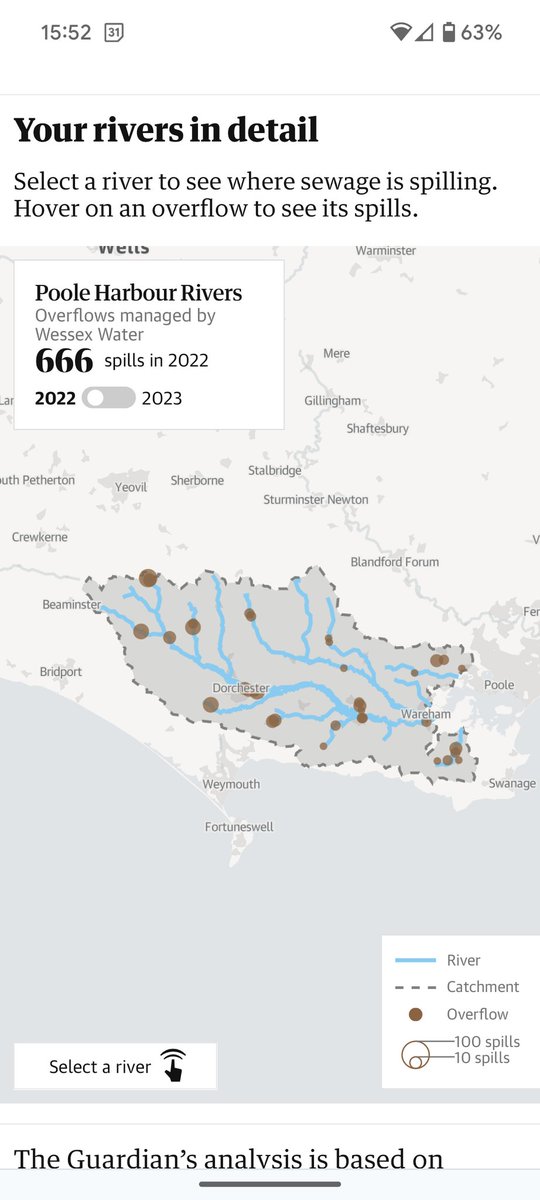 dorsetandbeyond's tweet photo. Excellent work by @guardianeco allows you to check combined sewage outfall discharged to your local rivers in 2022 &amp; 2023. 

Here's the picture for the Dorset Frome, an important chalk river (and probably the most western in the UK). https://t.co/3jKyK9SC7Z