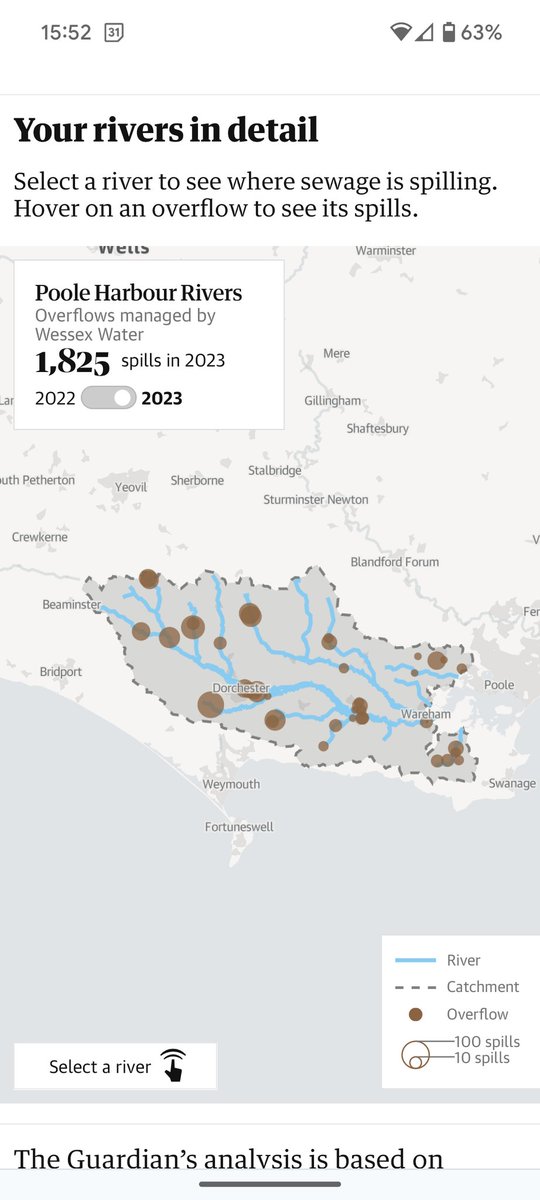 dorsetandbeyond's tweet photo. Excellent work by @guardianeco allows you to check combined sewage outfall discharged to your local rivers in 2022 &amp; 2023. 

Here's the picture for the Dorset Frome, an important chalk river (and probably the most western in the UK). https://t.co/3jKyK9SC7Z