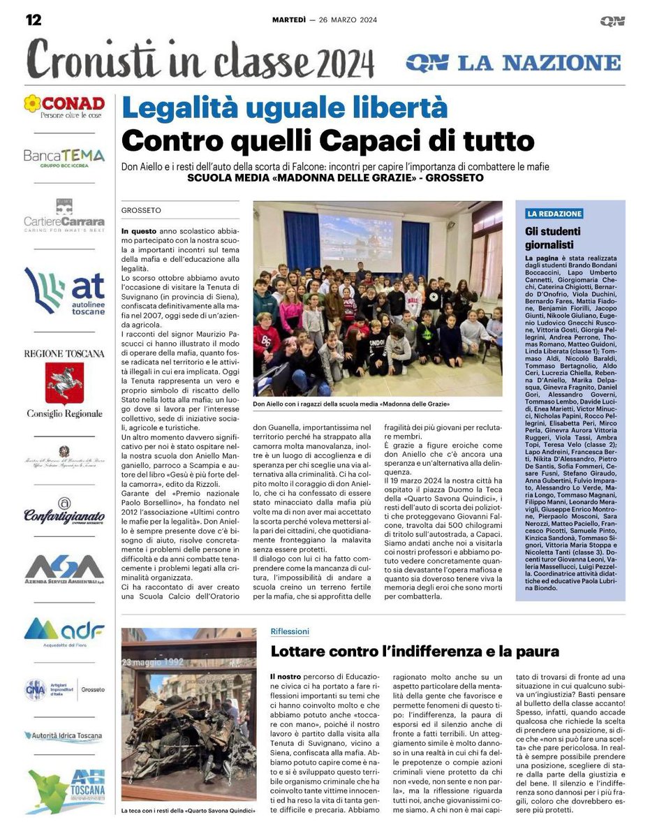 MedieChelli's tweet photo. Ecco la pagina della nostra scuola per il #campionatodigiornalismo #Cronistiinclasse2024.
I ragazzi hanno scelto di parlare del tema della #lottaallamafia e dell’#educazioneallalegalità attraverso le esperienze scolastiche di questi mesi. https://t.co/wh0kgEFd2C