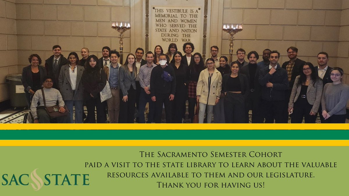 Thank you to the California State Library for the detailed and informative tour given to the Spring 2024 cohort. The work you do is so valuable to the California legislative process. We appreciated learning from you! 
#sacramentosemester #collegeinternship #fieldtrip #highered