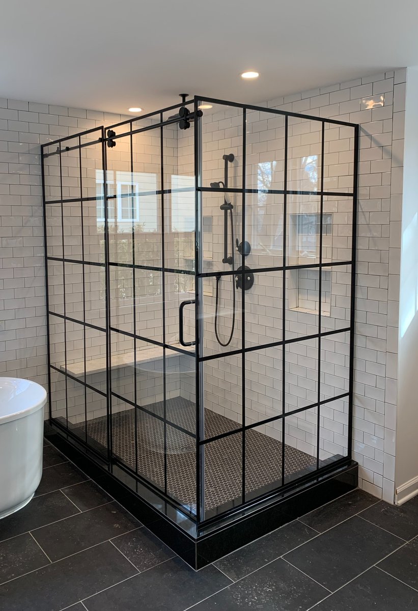 We just installed a new mosaic style framed glass shower. Doesn't it looks modern and sleek? We hope you enjoy the new design. #glass #customshower #shower #glassshower #bathroomrenovation #bathroomdesign #bathroomdecor #showerdesign #interiordesign #mosaicshower #mosaicframe