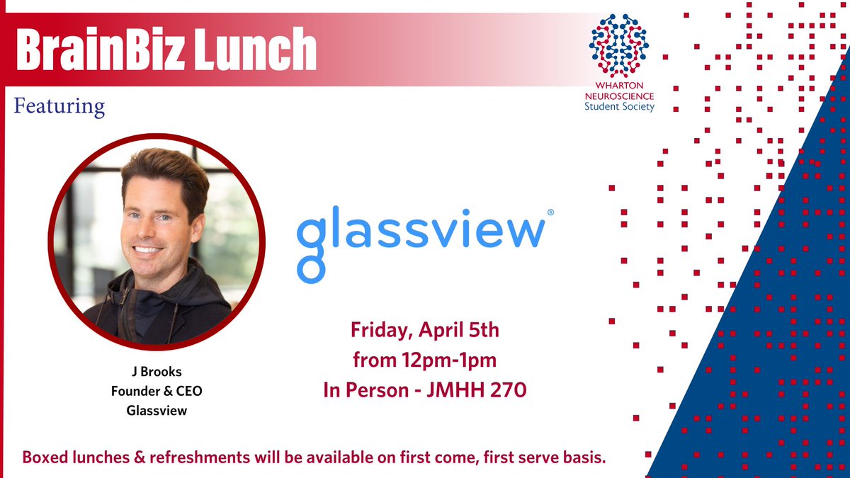whartonbrain's tweet photo. Have you registered for the upcoming #BrainBizLunch with @GlassViewMedia on Fri 4/5 yet? You need to get on it. You can register here: https://t.co/PvxtYfQMeq #WhartonNeuroscience #WhartonBrain #BrainBiz #Glassview #Neuro #NeuroMedia #WhartonNeuroscienceStudentSociety https://t.co/mxPH0RHiRQ
