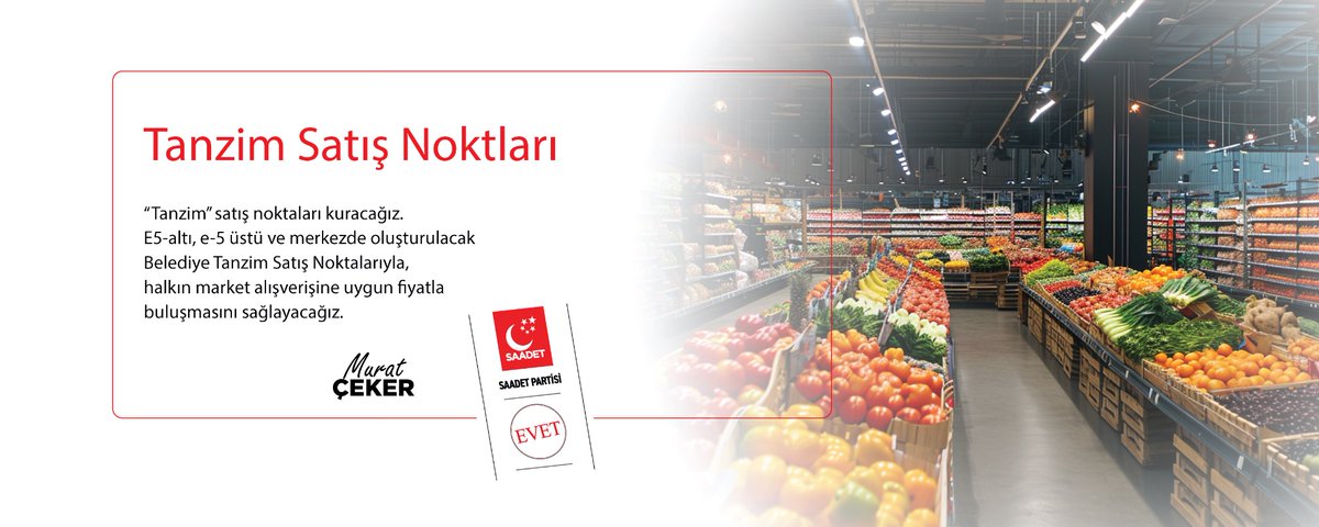 📌'Tanzim' satış noktaları kuracağız.

✅E5-altı, e-5 üstü ve merkezde oluşturulacak
Belediye Tanzim Satış Noktalarıyla, 
halkın market alışverişine 
uygun fiyatla buluşmasını  saglayacağız. 🛒

#dahaiyibiryaşamseninhakkın