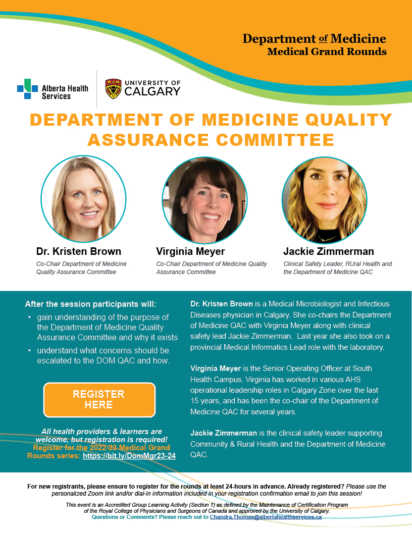 Join us on April 2 for <a href="/CalDomMed/">Department of Medicine</a> Medical Grand Rounds on zoom. Dr. Kristen Brown, Stephanie Meyer and Jackie Zimmerman will be presenting "The DOM Quality Assurance Commitee (QAC)". Sign up here: bit.ly/DomMgr23-24 #medicalgrandrounds
