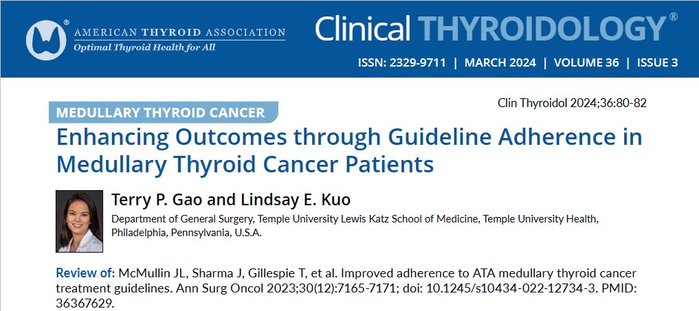Clinical Thyroidology (@clinicalthyroid) on Twitter photo Dr. Lindsay Kuo <a href="/lindsaykuo/">Lindsay Kuo, MD MBA FACS</a> & Dr. Terry P. Gao review & analyze the new study in <a href="/AnnSurgOncol/">Annals of Surgical Oncology</a> on how use of <a href="/AmThyroidAssn/">American Thyroid Association</a> guidelines can improve care of #MedullaryThyroidCancer.
ow.ly/LkoL50QZV9i
#medtwitter #endotwitter #thyroidcancer <a href="/ThyCaInc/">ThyCa Inc.</a> #medullary Dr. Lindsay Kuo <a href="/lindsaykuo/">Lindsay Kuo, MD MBA FACS</a> & Dr. Terry P. Gao review & analyze the new study in <a href="/AnnSurgOncol/">Annals of Surgical Oncology</a> on how use of <a href="/AmThyroidAssn/">American Thyroid Association</a> guidelines can improve care of #MedullaryThyroidCancer.
ow.ly/LkoL50QZV9i
#medtwitter #endotwitter #thyroidcancer <a href="/ThyCaInc/">ThyCa Inc.</a> #medullary