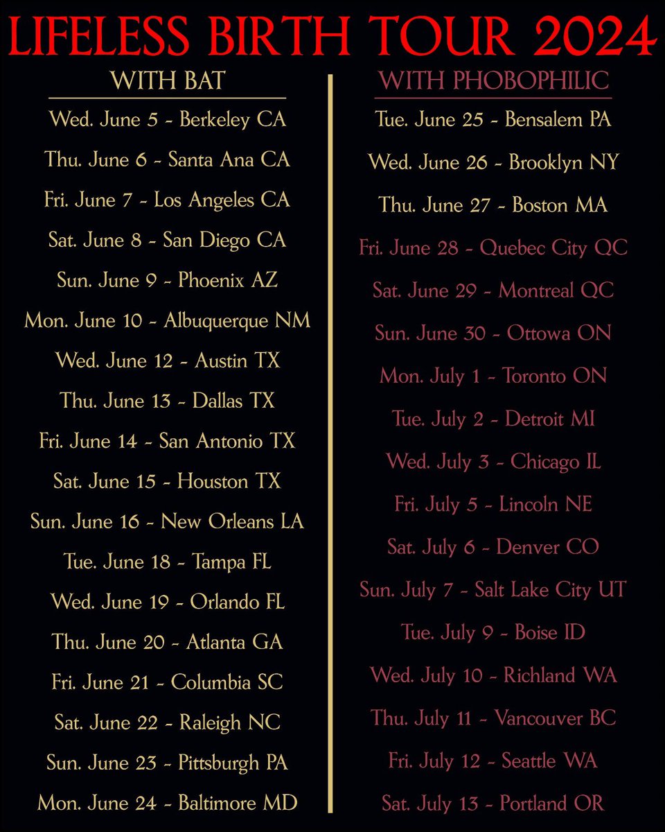 necrot_official's tweet photo. We embark on the “Lifeless Birth Tour” this Summer with our friends BAT, Phobophilic, and Street Tombs! Tickets go on Sale this Friday. Pre-Order “Lifeless Birth” Records and Merch at https://t.co/r3Z3A5hz65 #necrot https://t.co/Ps8E02vztr