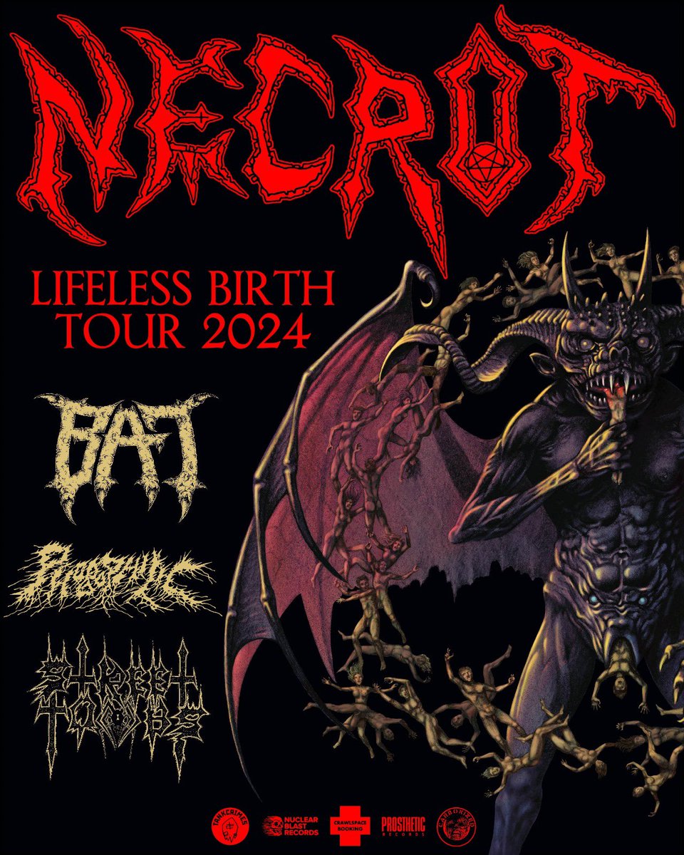 necrot_official's tweet photo. We embark on the “Lifeless Birth Tour” this Summer with our friends BAT, Phobophilic, and Street Tombs! Tickets go on Sale this Friday. Pre-Order “Lifeless Birth” Records and Merch at https://t.co/r3Z3A5hz65 #necrot https://t.co/Ps8E02vztr
