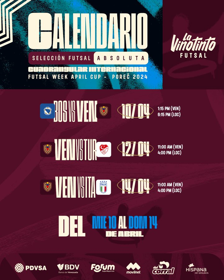 La Vinotinto de Futsal, disputará la "Futsal Week April Cup 2024" en la ciudad de Poreč, Croacia, en su preparación al Mundial de Uzbekistán 🇺🇿

Venezuela se enfrentará a Bosnia 🇧🇦, Turquía 🇹🇷 e Italia 🇮🇹 desde el 10 al 14 de abril.

📸 <a href="/FutsalFVF/">Vinotinto Futsal</a>