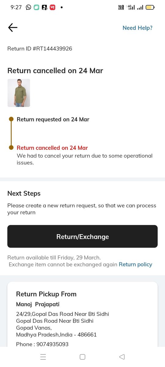 Kumarmanoj705's tweet photo. I have ordered a shirt from Ajio app 
But I have received a wrong product what I was ordered
But the company doesn't return my order . Order id EX0025570135
I want my return .I have requested return 3 times but it cancelled @AJIOLife https://t.co/kmQrue2DZZ