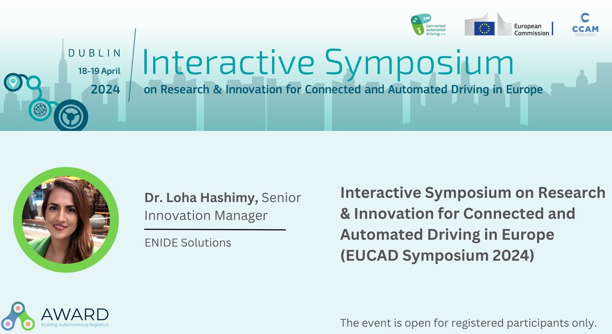 ENIDE (@enidesolutions) on Twitter photo ๐ #EUCAD2024 Symposium awaits! Join our colleague Dr. Loha Hashimy on Apr 18-19, in Dublin, for engaging talks on the <a href="/award_h2020/">AWARD-H2020</a> project. Let's shape the future of #CCAM together! ๐ <a href="/Europe_CAD/">Connected Automated Driving (CAD)</a> <a href="/CCAM_EU/">Connected, Cooperative & Automated Mobility (CCAM)</a> ๐ #EUCAD2024 Symposium awaits! Join our colleague Dr. Loha Hashimy on Apr 18-19, in Dublin, for engaging talks on the <a href="/award_h2020/">AWARD-H2020</a> project. Let's shape the future of #CCAM together! ๐ <a href="/Europe_CAD/">Connected Automated Driving (CAD)</a> <a href="/CCAM_EU/">Connected, Cooperative & Automated Mobility (CCAM)</a>