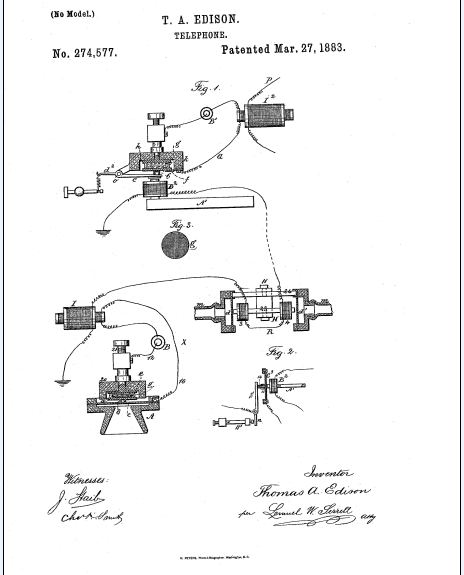 AdamMossoff's tweet photo. On this date in #innovation history: Thomas Edison receives a #patent in 1883 for his #invention of new #telephone technology, building on &amp; contributing to Alexander Graham Bell’s invention of the telephone (patented in 1876) #PatentsMatter @uspto @patenthistory @AjitPai @ATT https://t.co/QFWmpDuAOJ