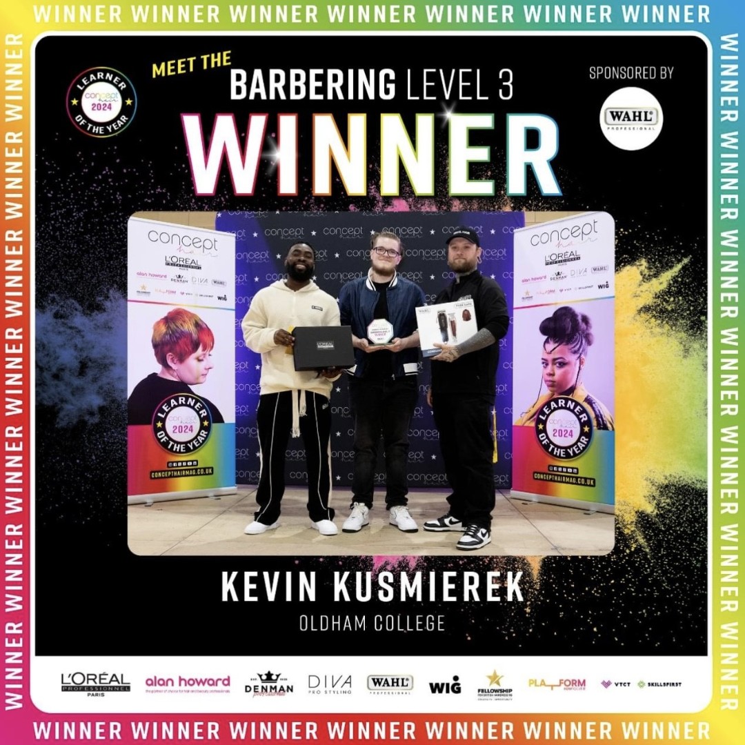 Oldham College learner Kevin Kusmierek recently won the Barbering Level 3 competition at the @concepthairmag Learner of the Year 2024 finals! 👏 Read more: ow.ly/YXno50R3bgT