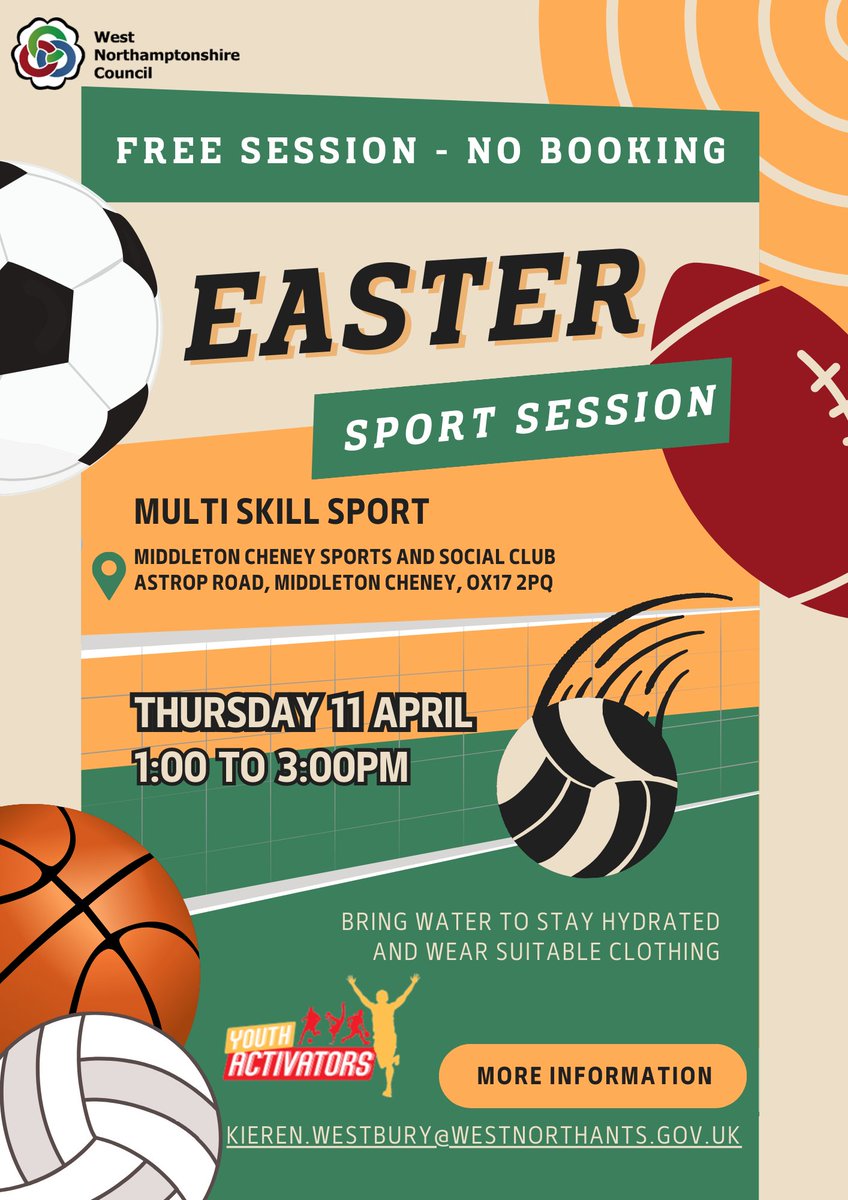 WestNorthants's tweet photo. Don't miss out on FREE multi-skill sports sessions this Easter break! From football to basketball and more, let your kids explore their athletic potential while having a blast🏀⚽️
#ActiveKids #EasterSports #FamilyFun #Westnorthants #Easteractivates https://t.co/k793WzRuZU