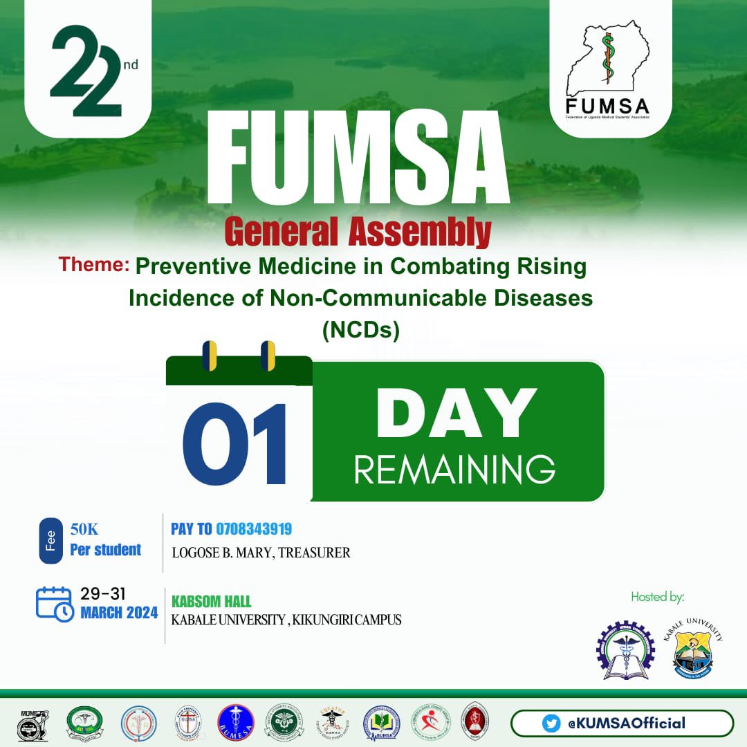 The countdown for the 22ND FUMSA GA in Kabale University has now come to an end. The theme of the assembly is Non-Communicable Diseases that will be chaired by our various guests. We are to discuss the challenges and achievements of FUMSA as well. Be there!! @MakCHS_SOM
