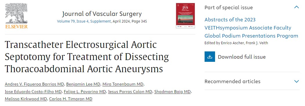 Great podium presentation at the 2023 VEITH Symposium about Transcatheter Electrosurgical Septotomy is now published on @JVascSurg . Great abstract about an effective adjunctive endovascular procedure for a challenging and complex aorta disease. doi.org/10.1016/j.jvs.…