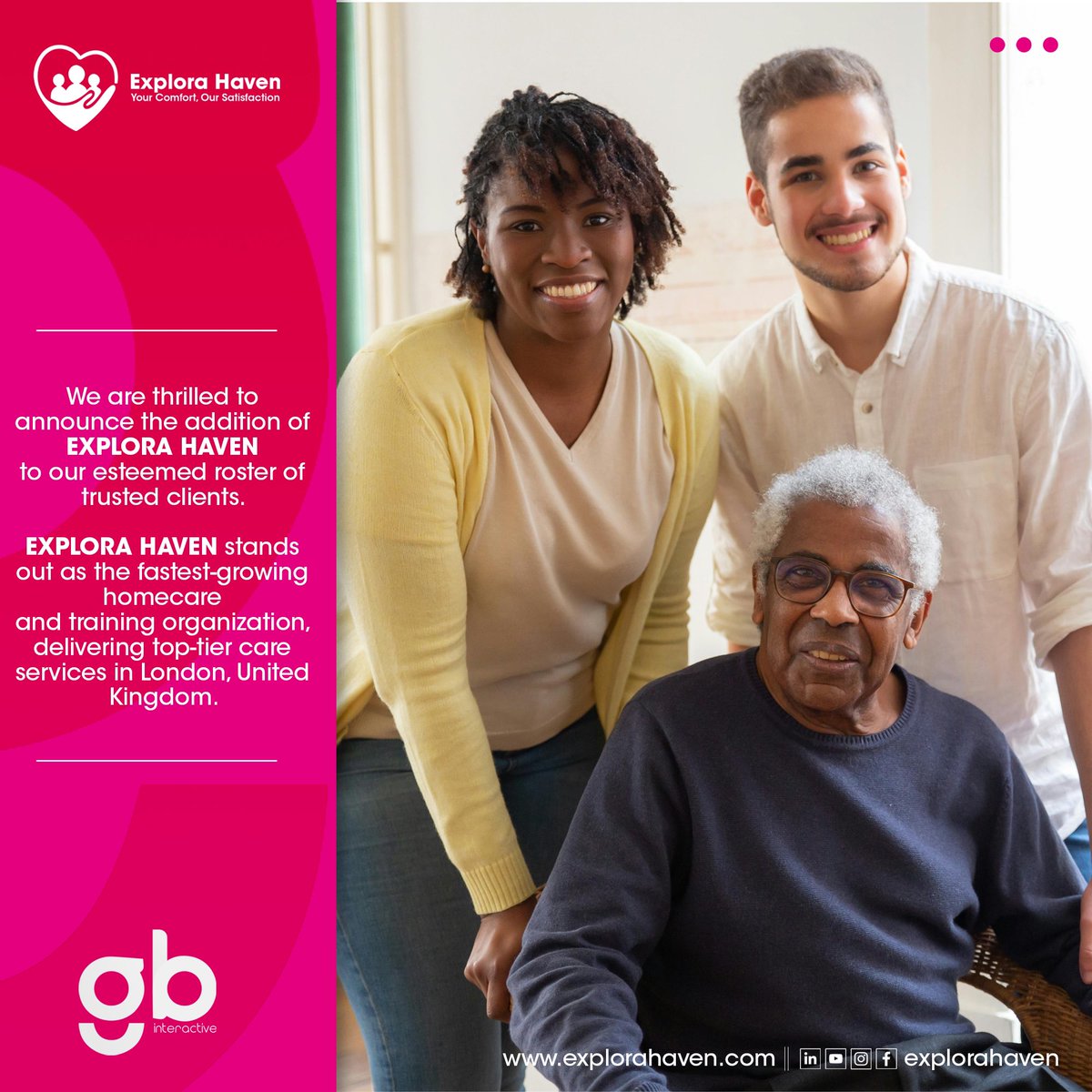 gbinteractiveuk's tweet photo. We are thrilled to announce the addition of EXPLORA HAVEN to our esteemed roster of trusted clients. EXPLORA HAVEN stands out as the fastest-growing homecare and training organization, delivering top-tier care services in London, UK. https://t.co/c2SQrepXFA