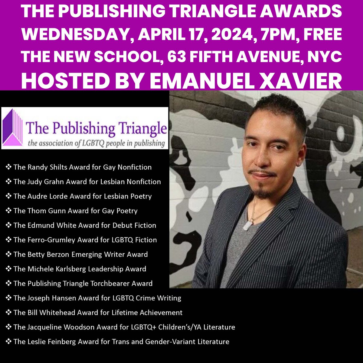 Come one, come all! We are holding the Publishing Triangle awards ceremony once again at @TheNewSchool, with the one and only @Emanueldude as host! April 17th at 7pm! 🤩