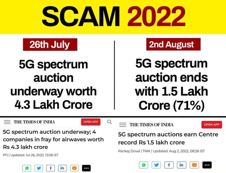 geetv79's tweet photo. Price of 5G spectrum plummeted from
👉4.3 Lakh Crore
(26 Jul 2022) to
👉< 1.5 Lakh Crore
(2 Aug 2022)
That was the
#5G_Scam_Bjp
#5GSpectrum_Scam
A REAL loss (NOT Notional Loss) to the exchequer of 👉Rs 2.8 Lakh Crores💰
Then Modi scrapped Auctions for #ChandaDoDhandaLo. https://t.co/mwRWlZcdFa
