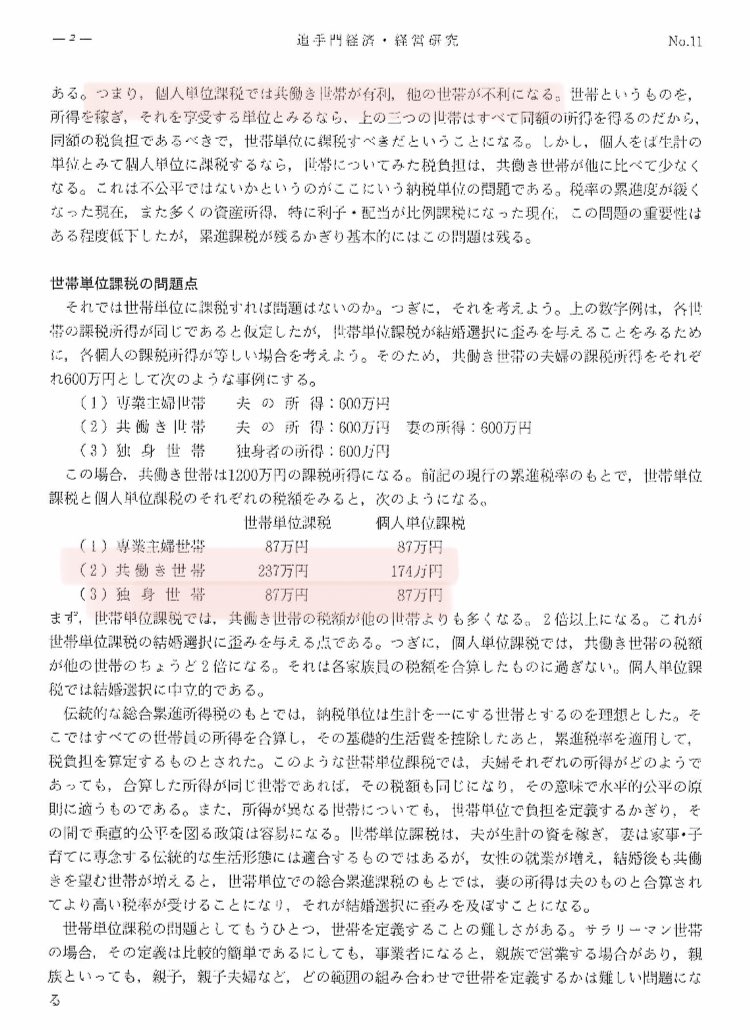 nikiuo11's tweet photo. 面白い論文見つけた。
累進課税の個人単位と世帯単位の比較。
今の税制だと共働き有利って書いてあるやん。

ほんでな、後半読むと配偶者控除を廃止するなら基礎控除も廃止しないと本来の目的に沿わないとも書いてある。

これは年少扶養控除も一緒。

子供だけ扶養控除を無くすのは本来の目的に沿わない。

さて、控除を戻すか全員失うか？
どっち選びたい？

https://t.co/Y3dTb0W0ak