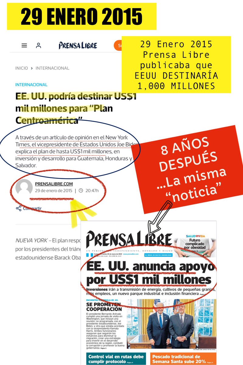 Mipais100's tweet photo. HACE 8 AÑOS‼️
EL MISMO TITULAR de
Prensa Libre, (Puras pajas)‼️

El 29 Enero 2015, el actual
presidente de EEUU, ( y en ese 
entonces Vicepresidente), 
OFRECIÓ MIL MILLONES 
para la “gobernabilidad” y
FRENAR la migración‼️

Ahora, 8 años después,
el mismo grupo de Biden 
vuelve a ofrecer … “LO MISMO”‼️

Mil millones para enfrentar la
“migración” (puras pajas)‼️

El 80% de esos “apoyos” se van
en “estudios”, “asesores”, “expertos”
y ONG afiliadas a USAID‼️

Donde se habrán invertido esos
1,000 MILLONES que ofreció 
Biden hace 8 años cuando era
vicepresidente⁉️

O sea,
Es “lo mismo” de los espejitos
de los españoles cuando llegaron
al nuevo mundo…y se baboseaban
a los nativos‼️

Y la prensa indepenMIENTE
aplaudiendo el “gran logro”
del IMPUESTO…como focas‼️