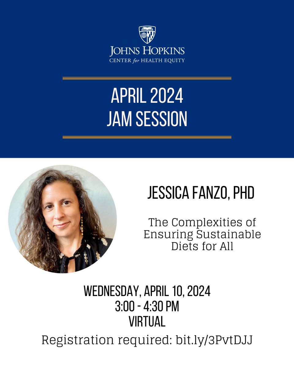 Join us in TWO WEEKS for our #HealthEquity Jam Session, featuring Jessica Fanzo, PhD who will share her talk 'The Complexities of Ensuring #SustainableDiets for All.' Register today! 🗓️ Wed, April 10 🕒 3- 4:30 PM 📍 Virtual Register🔗 loom.ly/LqITRWs #speakerseries