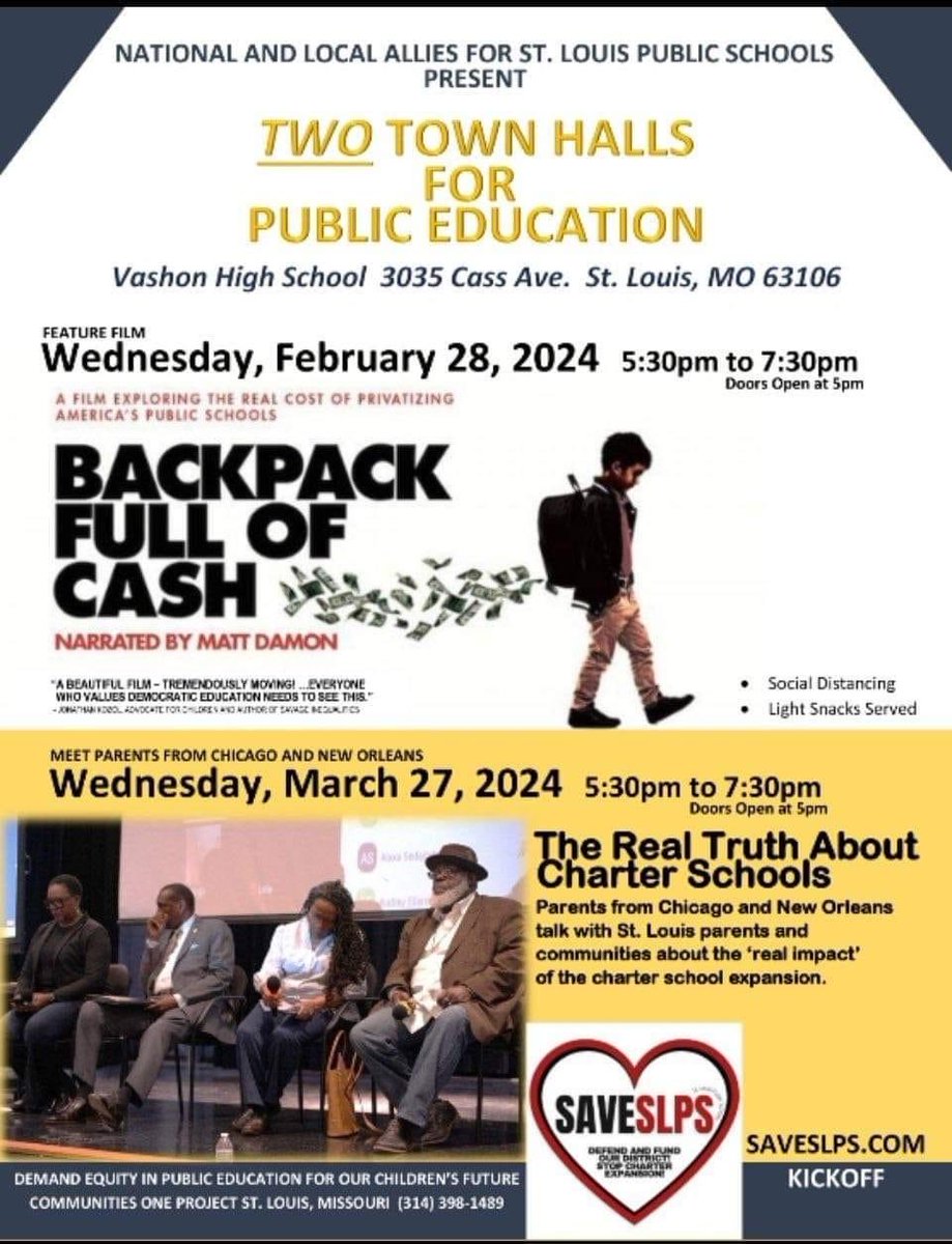 SolidaritySLPS's tweet photo. The second town hall, “The Real Truth About Charter Schools”, is tonight starting at 5:30 at Vashon.
#StandWithSLPS https://t.co/c8ExC00BP7