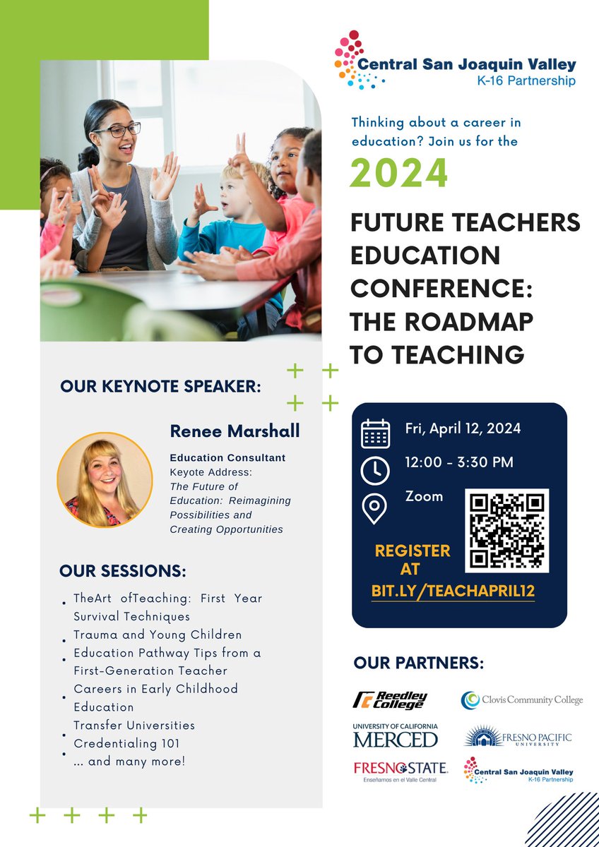 Thinking of joining a career in education? 

Attend the Future Teachers Education Conference: The Roadmap to Teaching

Friday, April 12, 2024 from 12:00 - 3:30 PM

Register at BIT.LY/TEACHAPRIL12

#SCAEC #AdultEducation #FutureTeacher #ReedleyCollege #ClovisCommunityCollege