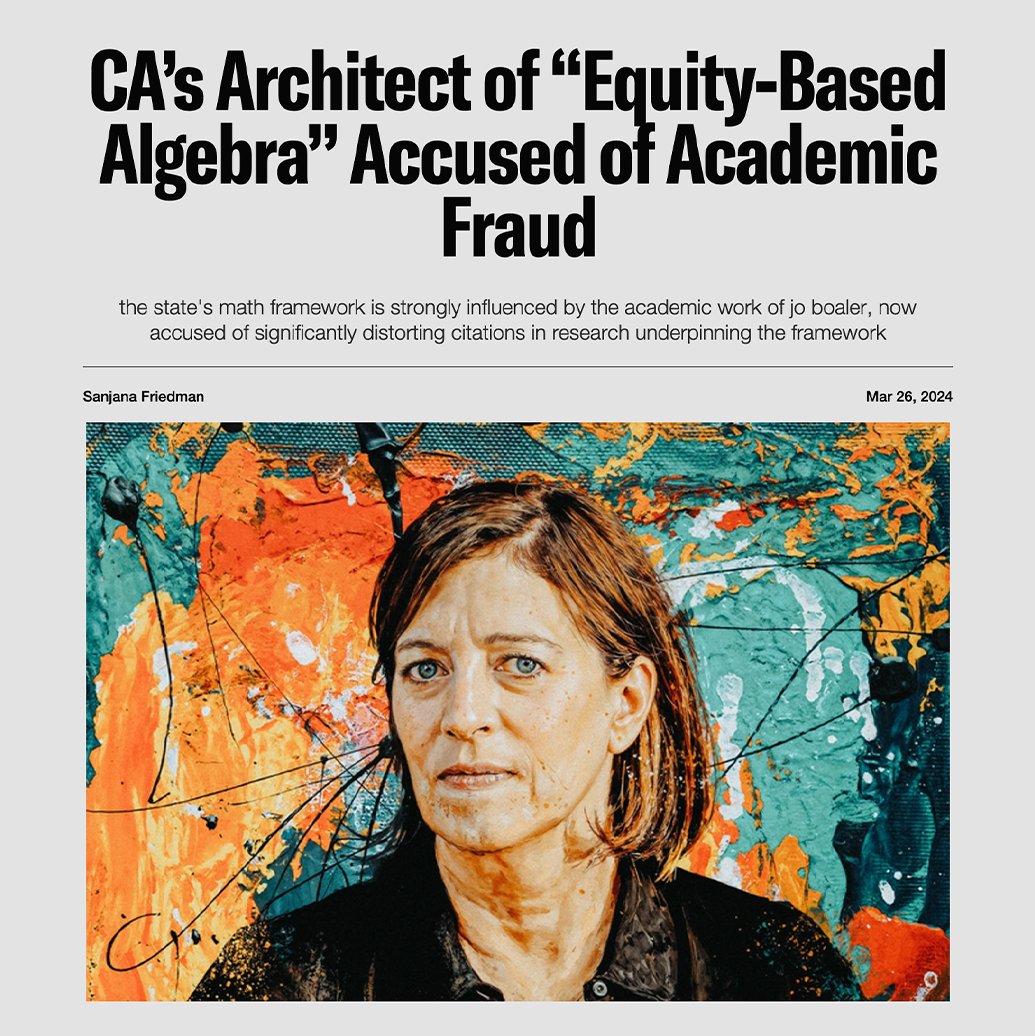 PirateWires's tweet image. She's a Stanford professor of math education who's arguably most responsible for the new California Math Framework — a set of curriculum recommendations that advocate against teaching algebra to most of the state's gifted middle-schoolers in the name of equity.

But she's sent…