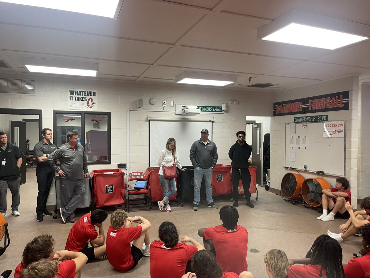 WarriorsCHS's tweet photo. We cannot thank Super Bowl Champion, Montrell Washington, &amp; Chad &amp; April Luth enough for investing in our young men this AM. 

@BDTRELL is the epitome of #EDGE

Thank you @GAPT_georgiaPT for stopping by this AM and for all you do for our @CHS_Warriors athletes!

#WarriorWednesday https://t.co/QBmKvxIAoQ