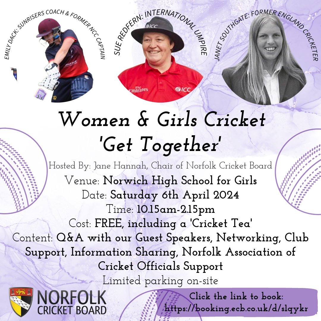 ❗️Women & Girls Cricket 'Get Together'❗️

The last few spaces remaining for this event, on Sat 6th April

Please use the following link to book: booking.ecb.co.uk/d/s1qykr

#WomensCricket #GirlsCricket #Umpires #Scorers #Volunteers #WomenandGirlsGetTogether #NorfolkCricket #Cricket