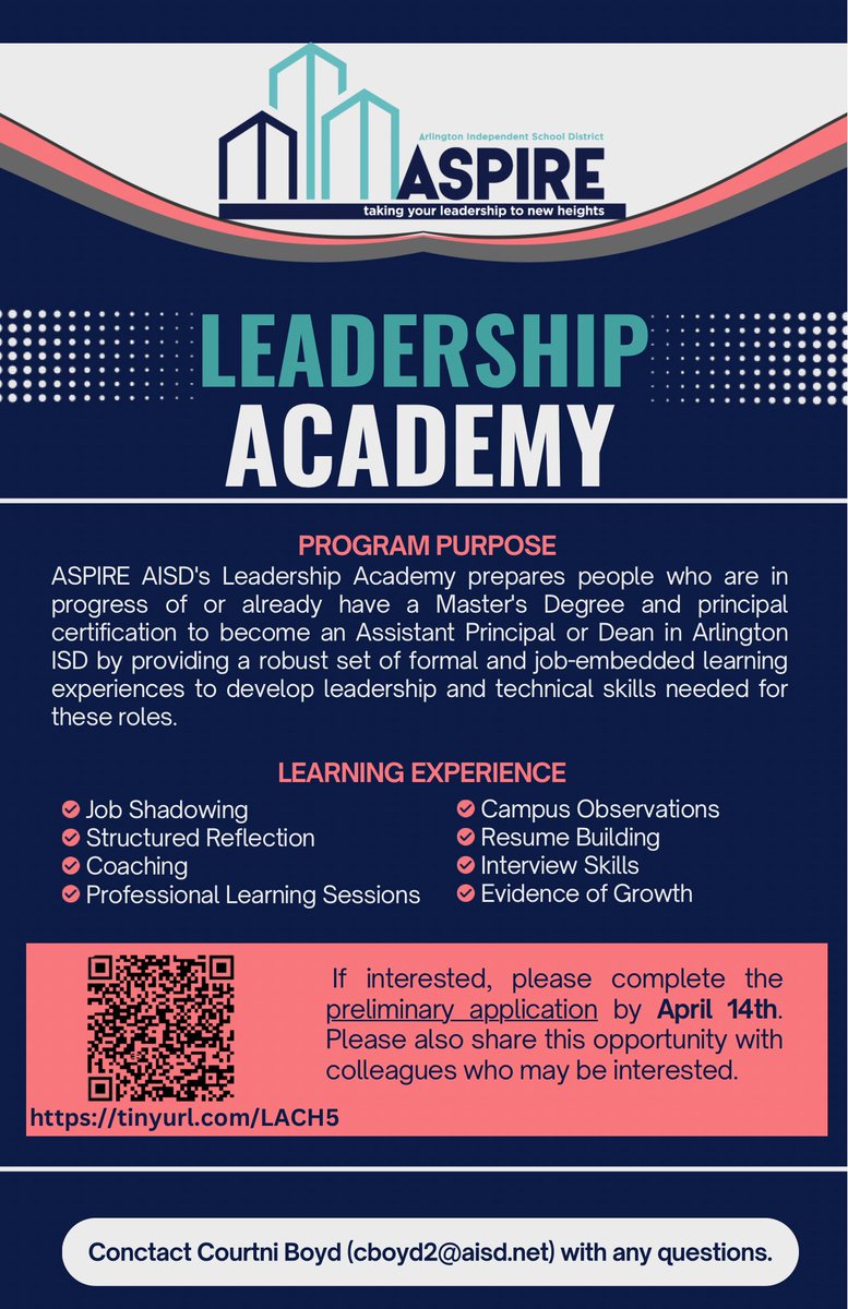 Do you aspire to be an Assistant Principal or Dean in @ArlingtonISD ? Are you ready to level up your leadership? Applications to join ASPIRE’s Leadership Academy are open now until April 14th! @ASPIREAISD #LeadershipDevelopment #LeadershipMatters