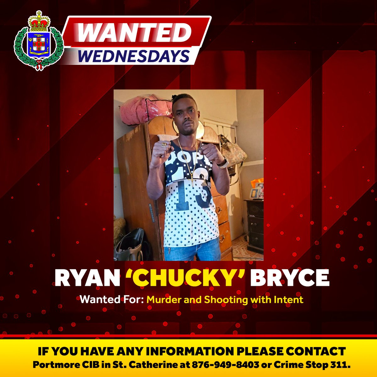JamaicaConstab's tweet photo. If you're the bride or seed of 'Chucky', we urge you call @CSJAMAICA and turn him in. Anyone knowing his whereabouts is asked to share information with the police.
#WantedWednesday
#40in40 https://t.co/ioIsHITiWD