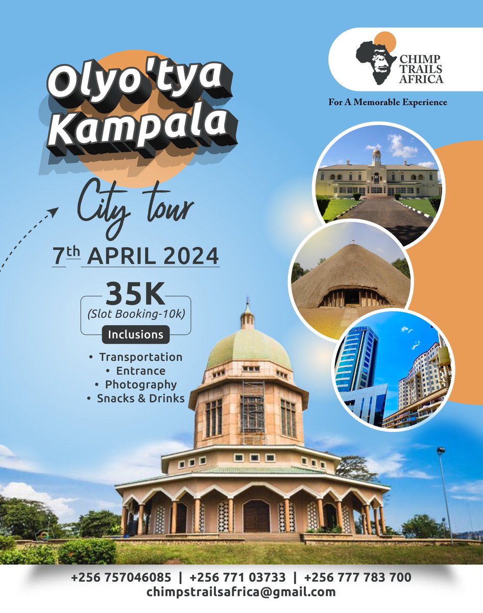 Join us on 7th April 2024 as we discover the unique beauty of Kampala city.

Tickets are still available at 35k.Set off point is @ugandamuseums . 

Let’s enjoy this city tour experience with chimp Trails Africa.

@DestinationUga 
@marvinmiles256 
@MTWAUganda 

#kampalacitytour