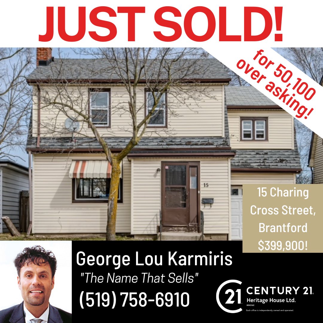 Name_That_Sells's tweet photo. #JustSold Congrats to my clients on the sale of 15 Charing Cross St Brantford for $50,100 over asking price!
Thank you for your business &amp; trusting me with your real estate needs! 🙏 When you want it SOLD for Top 💲 ☎️ George Lou Karmiris “The Name That Sells” 519 758-6910 cell https://t.co/zRfAhLMqcA