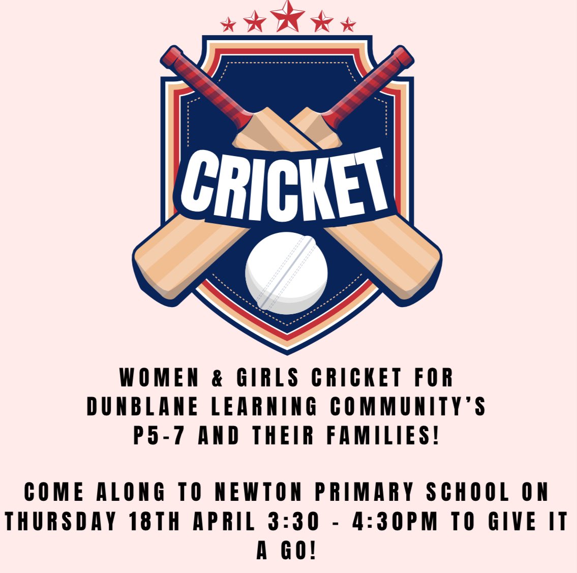 🏏 Fancy trying some cricket? Women and girls cricket is available for all P5-7 girls and their family members in Dunblane’s Learning Community! 🏏 @DunblanePrimary @stmaryseps @NewtonPrimary01 @DouneDunblaneCC