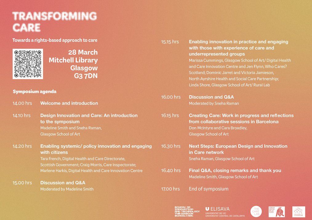 Innovation_Sch's tweet photo. There's still time to register! ⏳

Symposium

Transforming Care: Towards a rights based approach to care

28th March at the Mitchell Library, Glasgow

For more details and to register: https://t.co/TlHI4IGZoe https://t.co/4NLzv7aim9