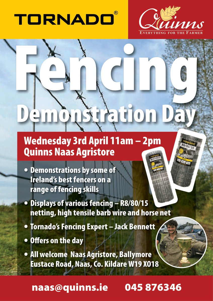 Quinnslimited's tweet photo. Fencing Demonstration Day -  Wednesday April 3rd
Watch &amp; Learn from Irelands best fencers on the Day.
All Welcome - Refreshments served - Expert advice &amp; demo's
#quinns #fencing #tornado #stakesandwires #naas #contractors #studfarms #security #agriculture https://t.co/KypZtnqdj3