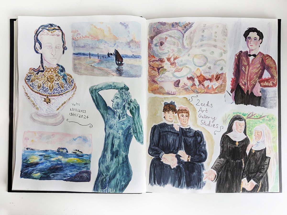 BethDooner's tweet photo. Studies from from photos taken at trips to @LeedsArtGallery including statues, full paintings, and close ups.
I don't know how to explain it, but I feel there's something very queer about the choices I made, even if the artwork is not overtly so. https://t.co/A6m1hBsc06