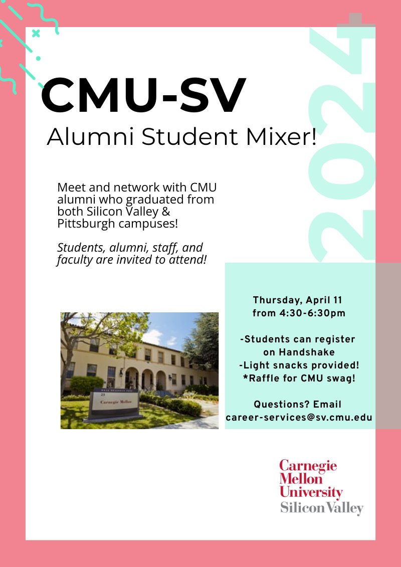 Attention CMU-Silicon Valley alumni: Attend an in-person CMU Alumni Student mixer at CMU-Silicon Valley (NASA Research Park in Mountain View) on Thursday, April 11, from 4:30-6:30 pm PT.

RSVP here:
docs.google.com/forms/d/e/1FAI…