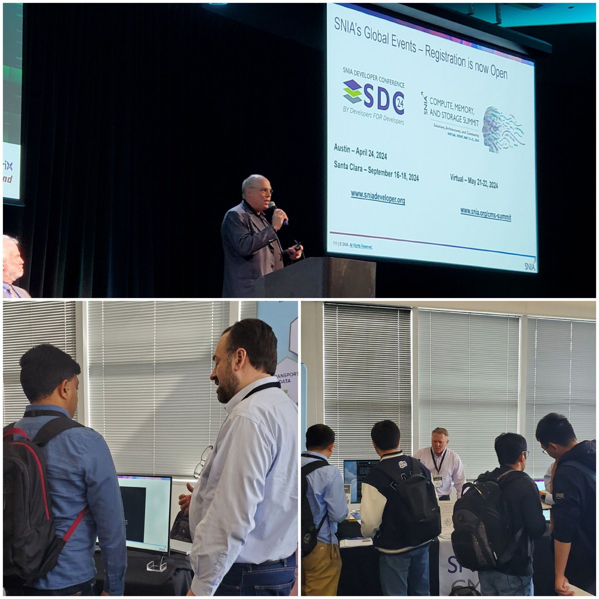 SNIA's tweet photo. Day 1 of #MemCon was a success, with a SNIA sponsored session on #AI and #HBM and demos on #SDXI Memory to Memory movement and Memory expansion. Looking forward to a great Day 2! @SNIACMSI @aiandsystems https://t.co/FIboY5tfcN