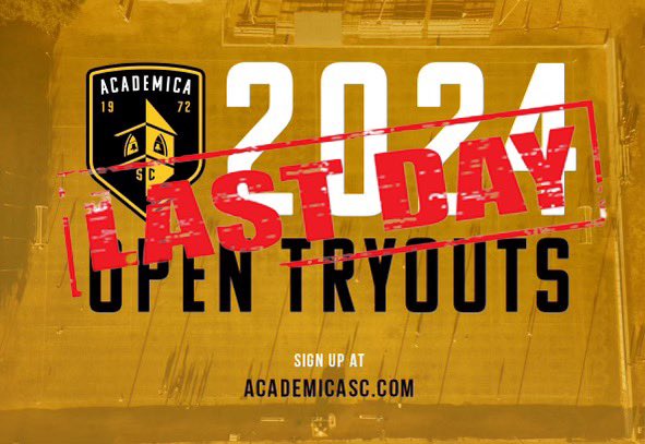 Today is the LAST DAY to register for our Open Tryouts that are happening this coming Saturday! 

Head on over to our website to register ➡️ Academicasc.com

#ForçaAC