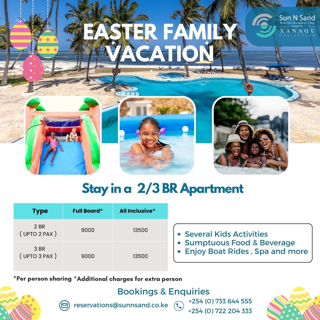 CapitalFMKenya's tweet photo. Ready for an Easter getaway like no other 🐣

Escape to Sun N Sands Beach Resort and take advantage of unbeatable rates on spacious apartments, starting at Ksh 9000 for a 2-bedroom apartment on full board.

Call 0722204333 / 0733644555 for reservations today! https://t.co/ULyhpHTNf6