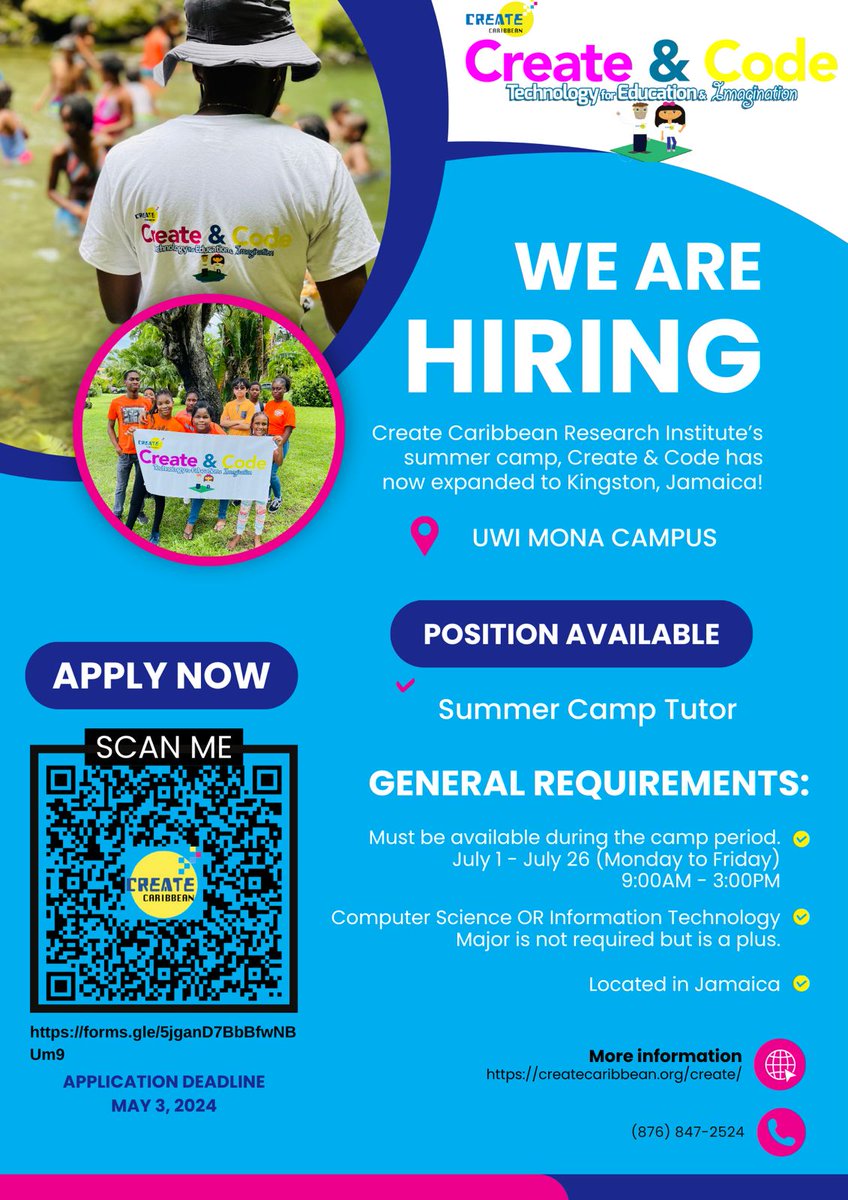🚀 WE ARE #HIRING 🚀 Summer Camp Tutor Availability during the camp period: July 1 - July 26 9:00 AM - 3:00 PM Computer Science OR IT Major is not required but is a plus Located in #Jamaica Deadline: May 3, 2024 Application Form - forms.gle/5jganD7BbBfwNB 📞 (876) 847-2524