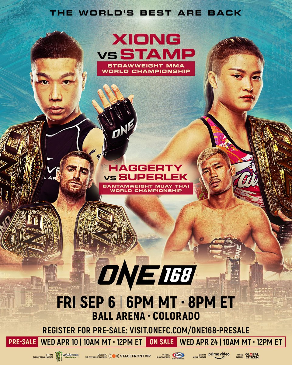 ONEChampionship's tweet photo. Breaking News 🚨 ONE returns to the U.S. on September 6 with ONE 168: Denver, headlined by two epic World Title showdowns and more massive fights to be announced 🤩 Hurry and register NOW for exclusive ticket pre-sale access at https://t.co/cZln2q8fP8 and stay tuned for more updates!

#ONE168 #WeAreONE #ONEChampionship