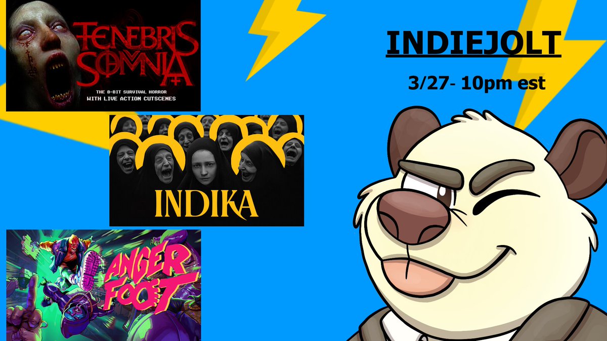 IndieJolt Day! Gonna change it up, brace for the dark and spooky with a lil kick thrown in just for more effect! See you tonite and make sure to send the devs some love! Tenebris Somnia: @TenebrisSomnia Indika: @indikagame Anger Foot: @freelives twitch.tv/sirpizzly