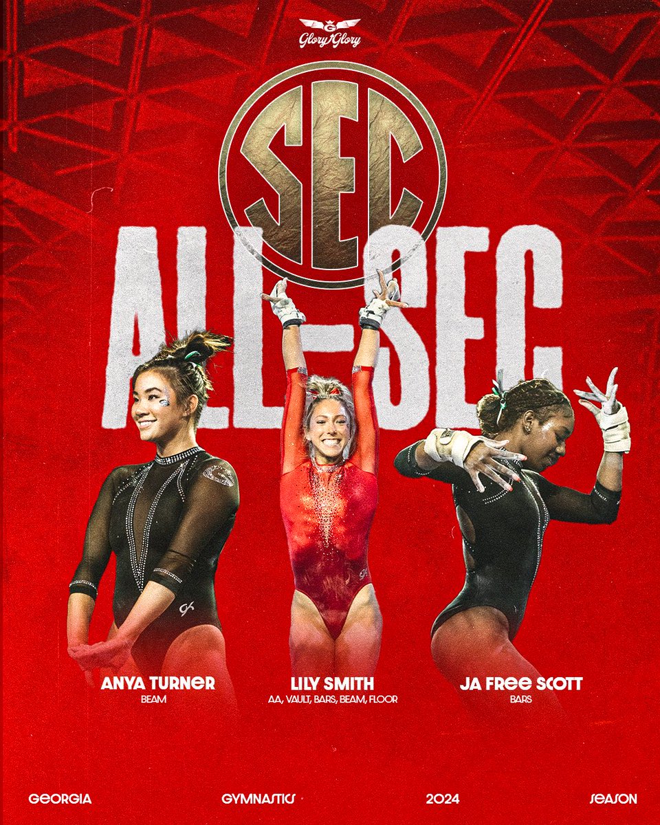 UGAGymnastics's tweet photo. Ja Free Scott,Lily Smith, and Anya Turner have been named to the All-SEC team!

🔴⚫️🌟🐶

#GloryGlory | #GoDawgs https://t.co/5sWGrSiDS3