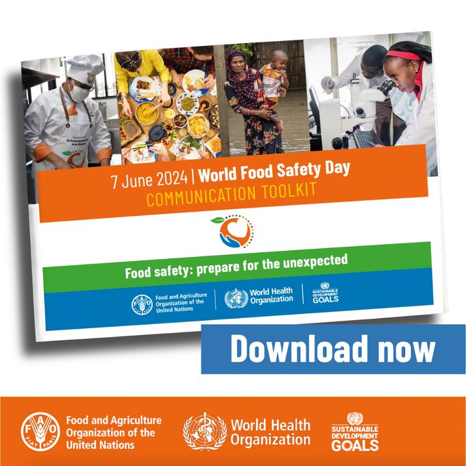 📒 | #FoodSafety is your business too. Adopting food safety practices at home and in our daily lives will help avoid foodborne illness. 👉 Use the toolkit to get inspired and get involved in #WorldFoodSafetyDay 🗓️📌 7 June 📲➡️ bit.ly/WFSD-24