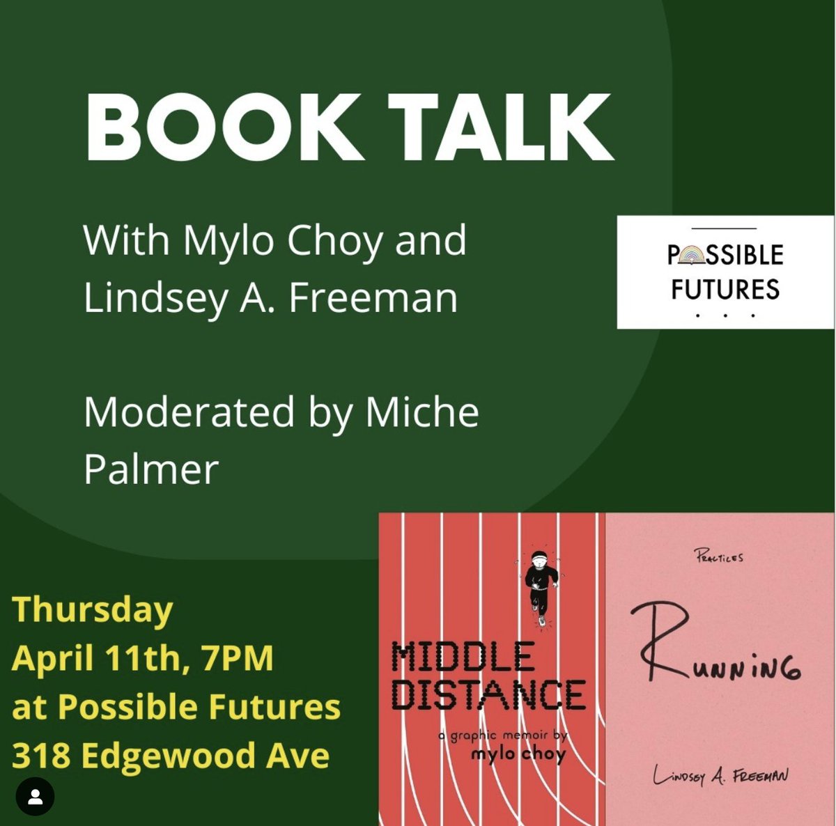 Can't wait to be in convo with Mylo! Come see us in New Haven at Possible Futures bookstore! 

@DukePress
#running #runningbook #practices
#runningculture #queerrunning
#somethinglikeresearch