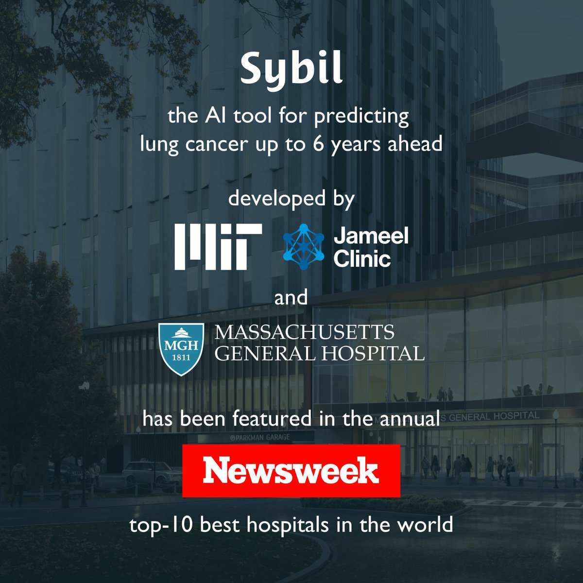 The 2024 Newsweek top-10 best hospitals in the world features Sybil, an AI tool for predicting cancer 6 years ahead that was developed by the MIT Jameel Clinic (@AIHealthMIT) and Mass General Hospital (which placed 5th in the ranking)